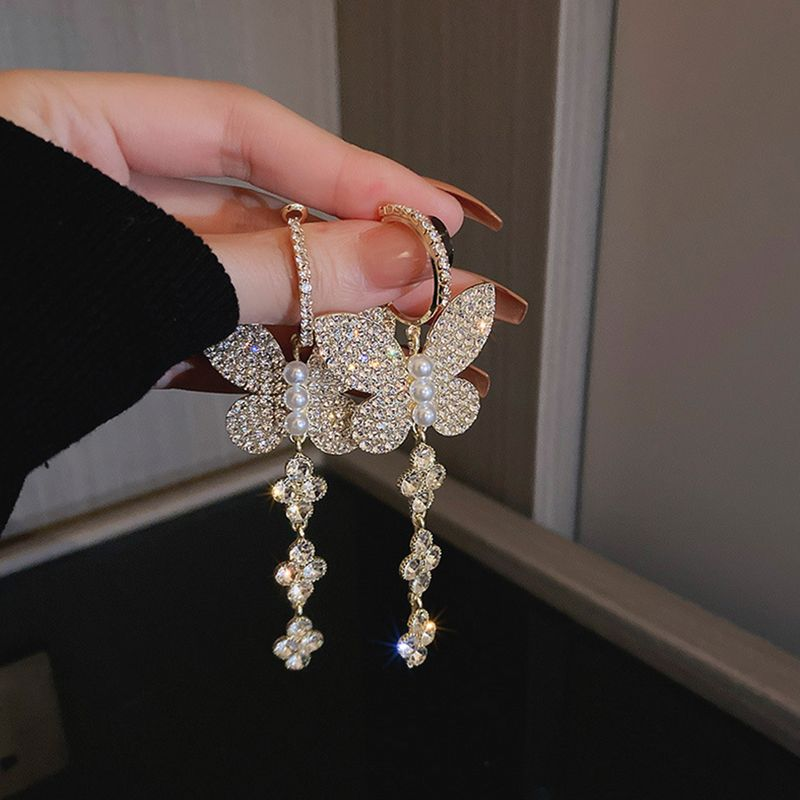 Yamaler 1 paio di ganci da donna, squisite perle d'imitazione, brillanti, con strass, a forma di farfalle, orecchini pendenti, gioielli femminili_voghion.com