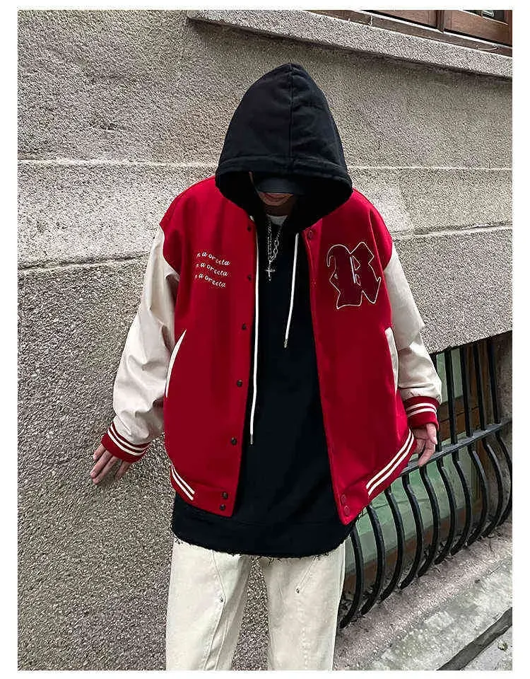 Herrenjacken, Rote Varsity-Männer, Übergroße Baseball-Bomberjacke mit Buchstabenstickerei, Vintage-Stil, Lederärmel_voghion.com