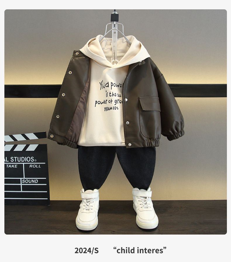 Giacca in pelle 2025 Nuovi vestiti per bambini primavera autunno, freschi e belli, felpa in stile coreano per ragazzi, set da due pezzi_voghion.com