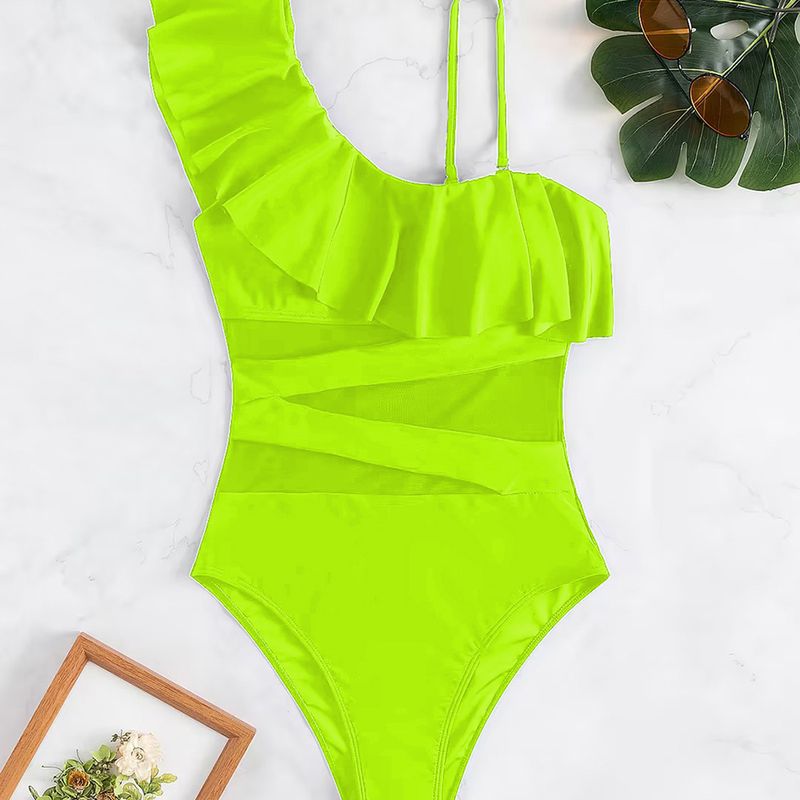 2025 nou, lemn multicolor, marginea urechii, plasă cu un umăr, costum de baie sexy dintr-o singură bucată, bikini pentru comerț exterior european și american_voghion.com