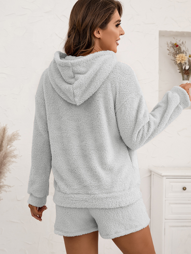Pelziges Kapuzen-Sweatshirt-Set, lässige Heimkleidung, doppelseitiges Plüsch-Zweiteiler-Set für Damen_voghion.com