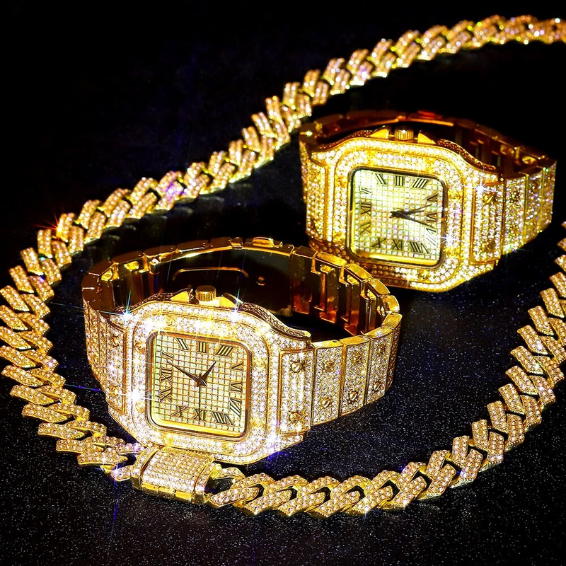 Relógio dourado cor hip hop miami curb corrente cubana gelo pavimentado strass bling rapper colar + relógio + pulseira joias_voghion.com