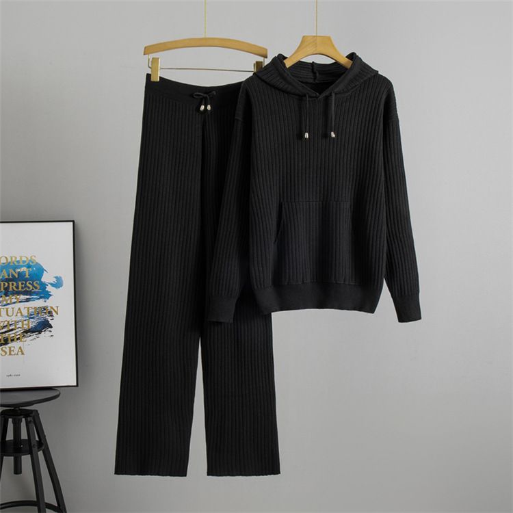 K New Women's Casual Suit Hooded Sweater Set Two-piece Set With Ribs_voghion.com