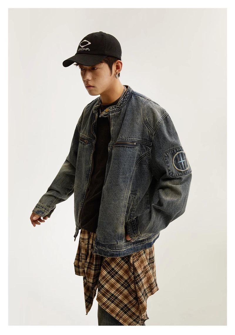 Herrenbekleidung Retro Washed Distressed Jeansjacke Coole lockere lässige Reißverschlussjacke Tops_voghion.com