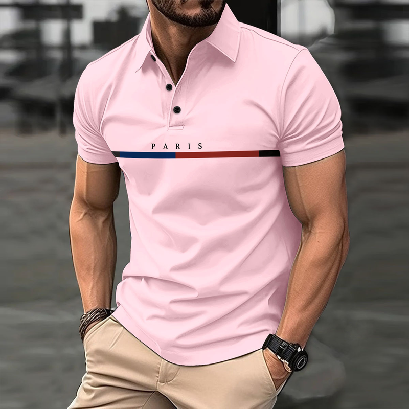Polo sportiva da uomo con bottoni a righe color block francese, estate 2024_voghion.com