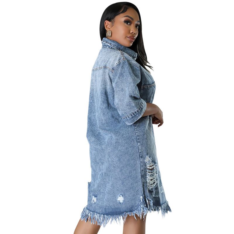 Plus-size Women's New Denim Ripped Fringed Short-sleeved Collar Dress_voghion.com