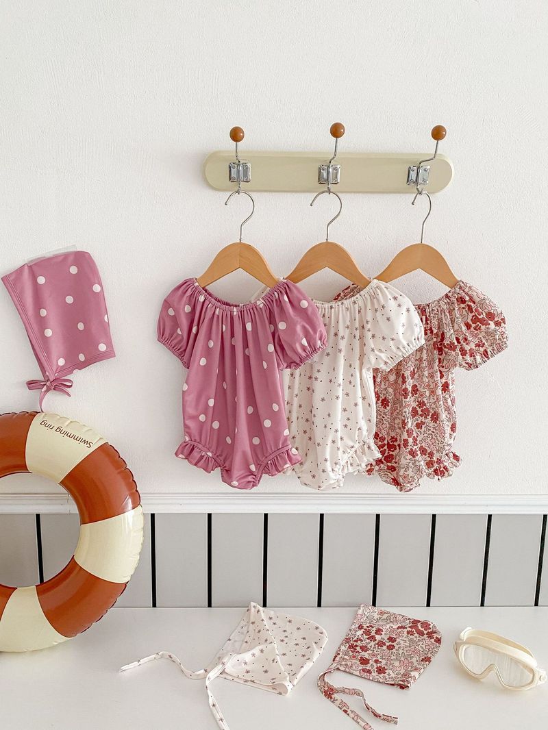 Maillot de bain d'été coréen pour filles, bulle à la mode pour bébé, mignon, manches courtes, une pièce enveloppée, bas, imperméable, chapeau de natation_voghion.com