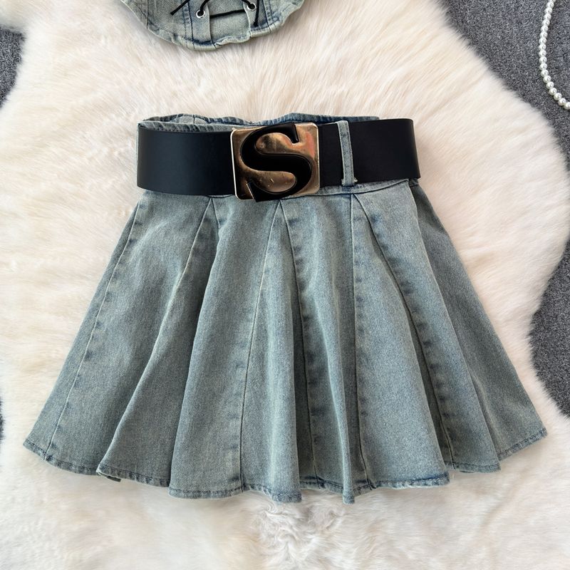 Roupas femininas Terno jeans retrô Top feminino Hottie Anti-exposição A Line Saia plissada Hottie Terno de duas peças_voghion.com