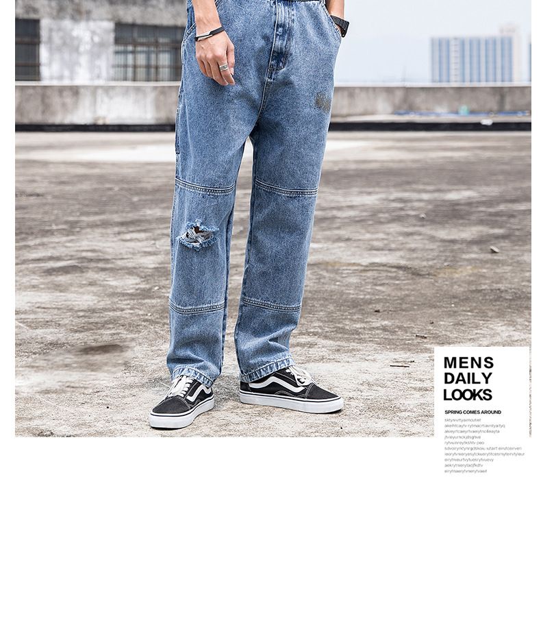 Man's clothing Men's denim overalls couple ripped loose straight jumpsuit wide leg overalls suspenders ins Daddy pants_voghion.com