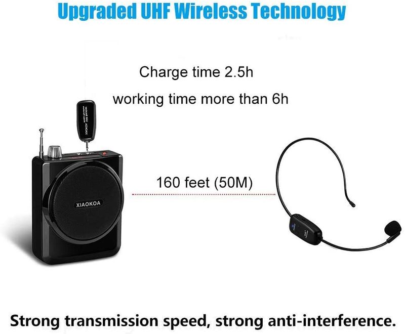 UHF Mikrofon Kulaklığı ve Elde Taşınabilir 2'si 1 Arada 50M Menzilli Şarj Edilebilir Ses Amplifikatörü için Kablosuz Mikrofon XIAOKOA Öğretin_voghion.com