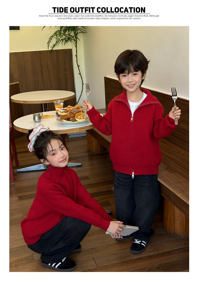 Trendy High-Neck Zip-Up Sweater Set – Matching Family Outfits For Lunar New Year & Christmas (80cm-XXL, Festive Red)_voghion.com