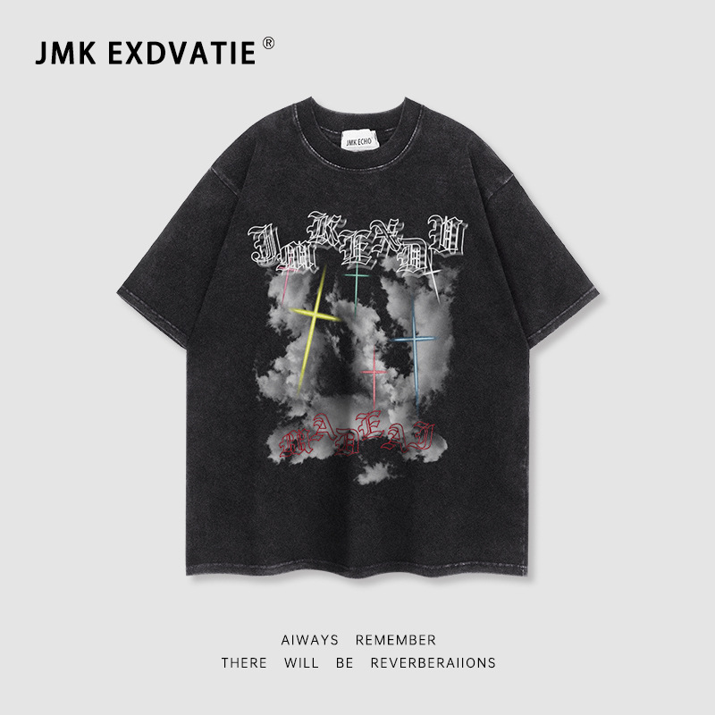 T-shirt à manches courtes pour homme, coupe ample et délavée, imprimé croix américaine_voghion.com