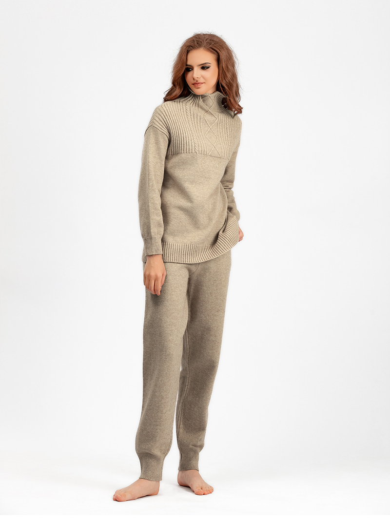 Ensemble de pantalons tricotés doux et polyvalents pour femmes, col mi-haut, pull ample décontracté, vent doux_voghion.com