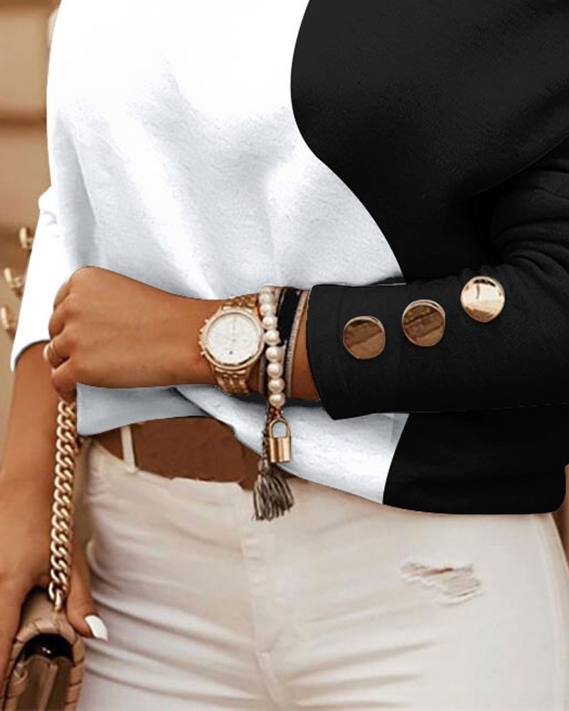 Hot Style Langarm Neckholder Top mit Kette und bedrucktem Knopfdekor für Damen_voghion.com