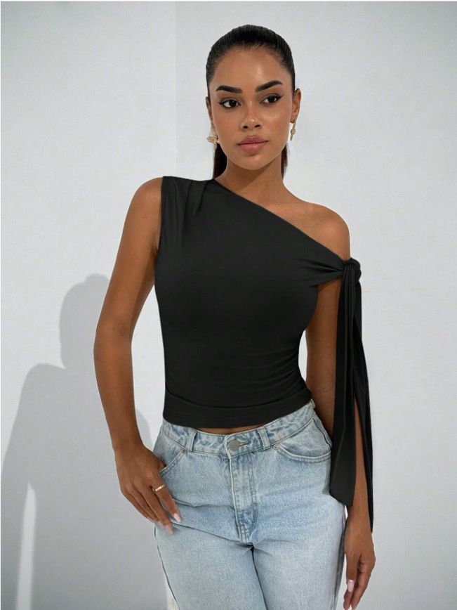 Ropa de mujer, novedad de verano 2025, moda urbana, corte entallado, lazo diagonal, color liso, sin mangas_voghion.com