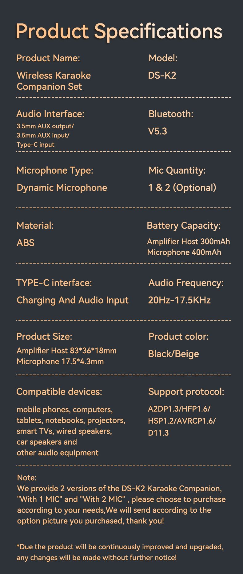 Nuovo sistema Karaoke Companion con doppio microfono wireless, mixer dinamico Bluetooth 5.3 DSP, luce RGB, amplificatore AUX da 3,5 mm_voghion.com