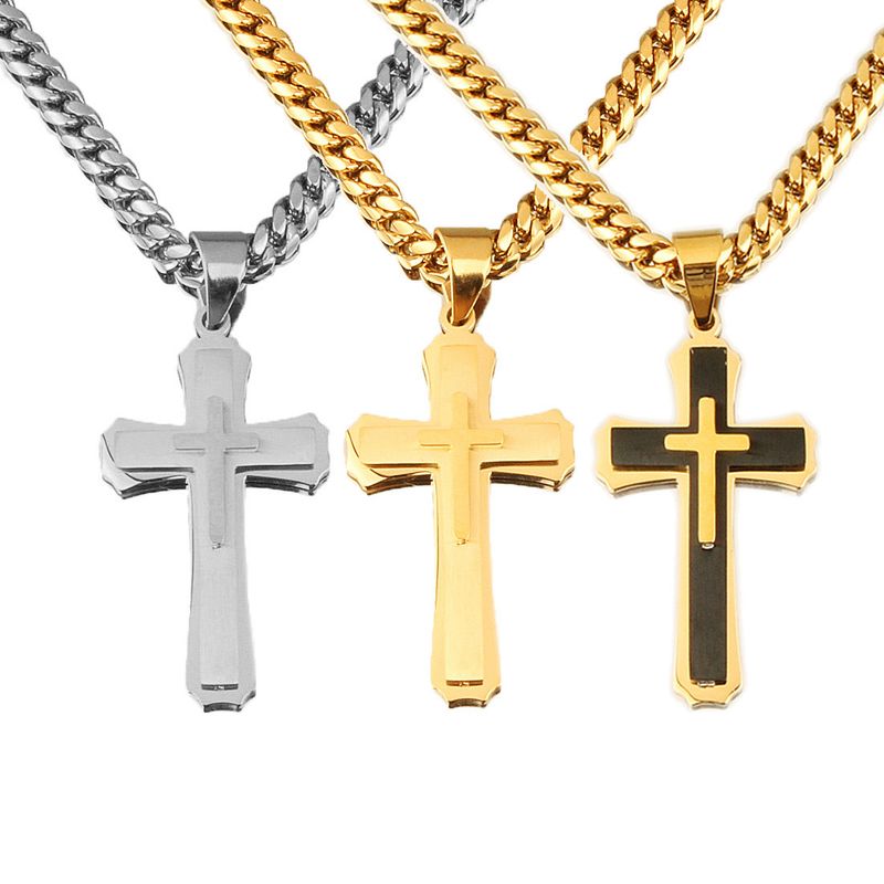 Collana con ciondolo a croce a tre strati in acciaio inossidabile al titanio e catena cubana_voghion.com