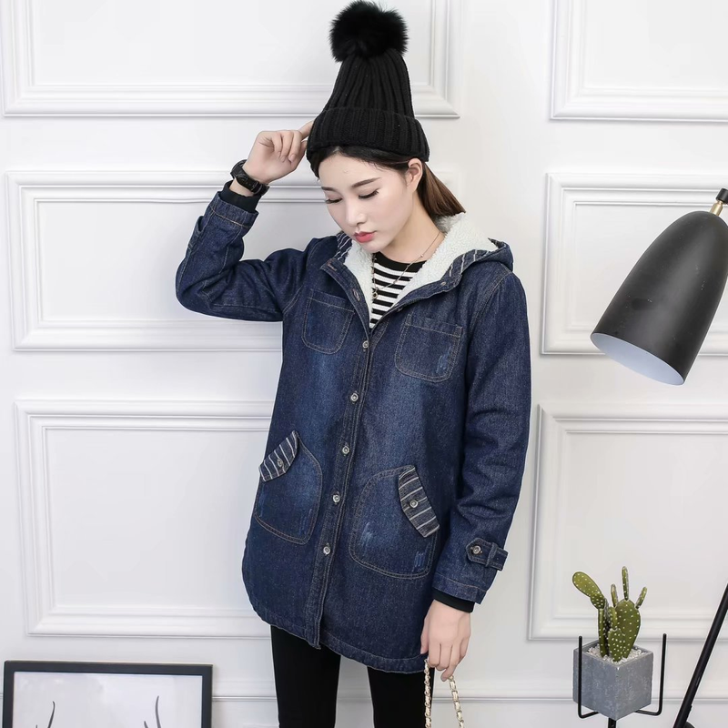 Abbigliamento donna giacca imbottita in cotone denim giacca medio lunga da donna imbottita in cotone cashmere taglie forti con giacca in denim con cappuccio_voghion.com