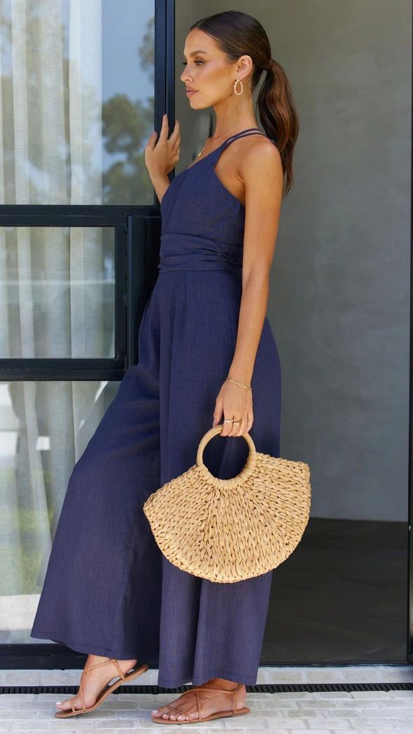 Women's fashion solid color loose wide leg cotton hemp jumpsuit_voghion.com