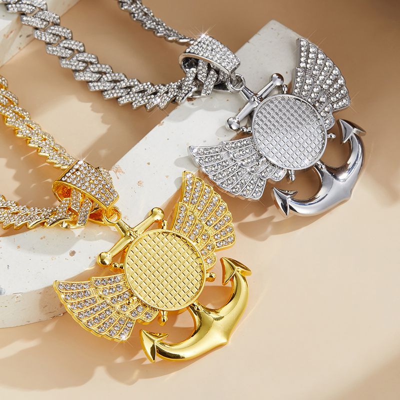 Photo Frame Wings Anchor Full Diamond Creative Design Alloy Rhinestone Cuban Chain Pendant Hip Hop Accessories_voghion.com