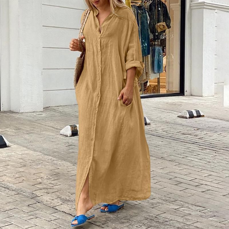 Abbigliamento donna casual tasca camicia colletto gonna lunga casual cotone e lino grandi dimensioni abito gonna_voghion.com