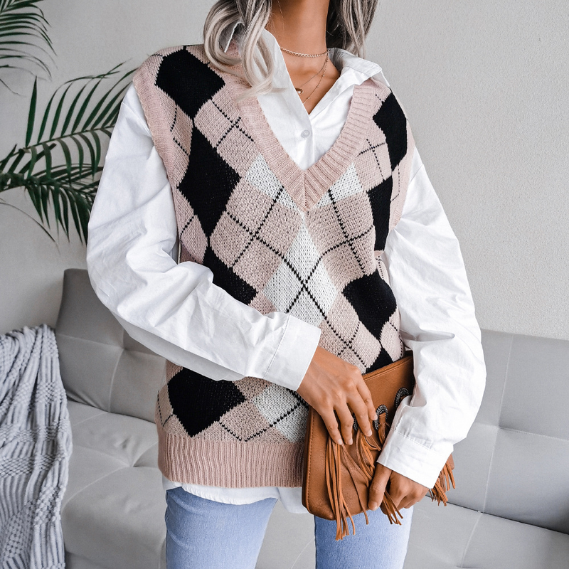 Vêtements pour femmes automne et hiver style collégial losange col en v décontracté gilet tricoté ample pull vêtements pour femmes_voghion.com