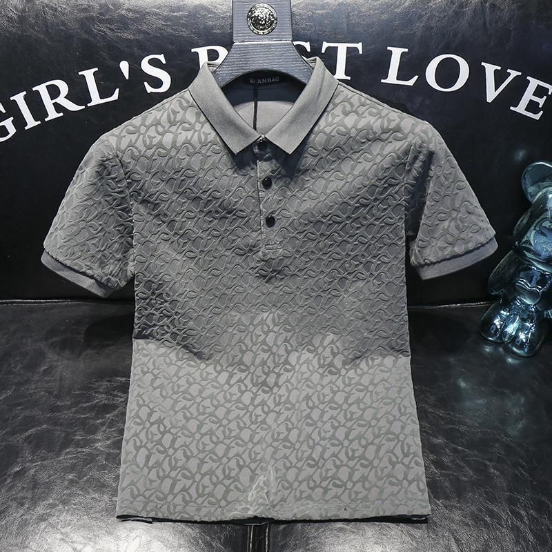 Ανδρικά ρούχα ψηλό κοντομάνικο μπλουζάκι πόλο με κοντό μανίκι καλοκαιρινής εκτύπωσης Flocking Slim επαγγελματικό κοντομάνικο μπλουζάκι_voghion.com