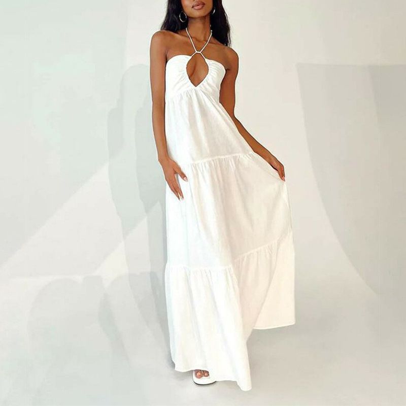 Abito estivo da donna con scollo a V e scollo a V bianco 2025, stile bohémien_voghion.com