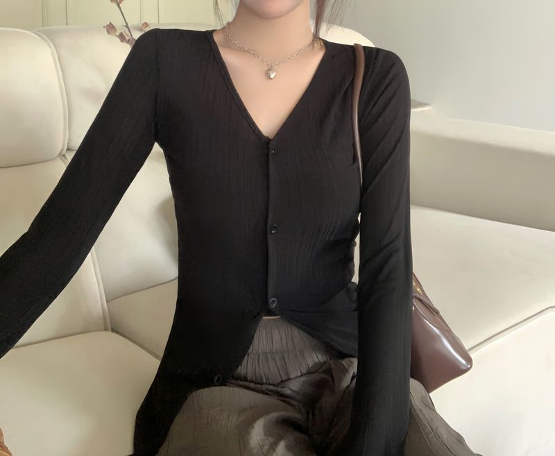 Tanek ledeno svilen kardigan za sončenje za ženske poleti 2024, z novim temperamentom V-izreza, nišnega slim kroja,_voghion.com