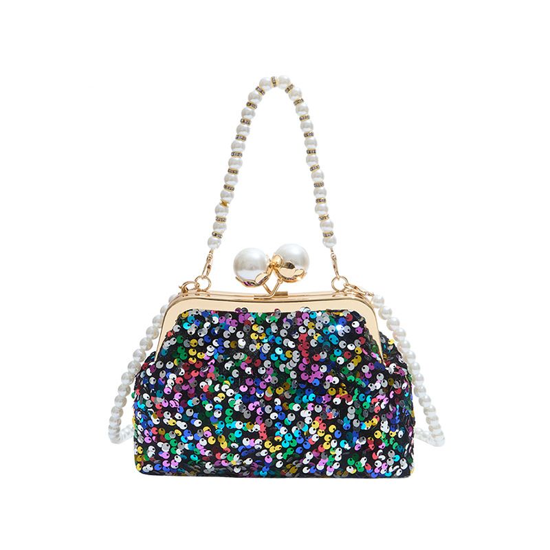 Borsa a tracolla elegante da sera con catena di perle lucide e fibbia a clip, alla moda, per donna_voghion.com