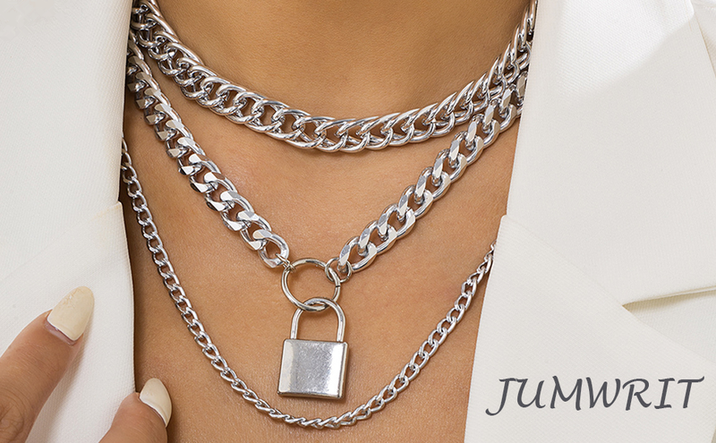 Collana a catena spessa Jumwrit, collana girocollo a strati punk, catena a maglie cubane con ciondolo a lucchetto, collana importante per donne e ragazze_voghion.com