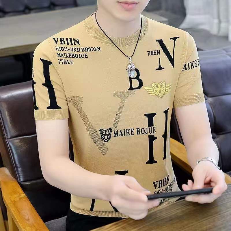 Men's Summer 2023 New Ice Silk Short-sleeved T-shirt Fashionable Brand Fashionable Half-sleeved T-shirt Loose Round Neck Top Clothes for Men_voghion.com