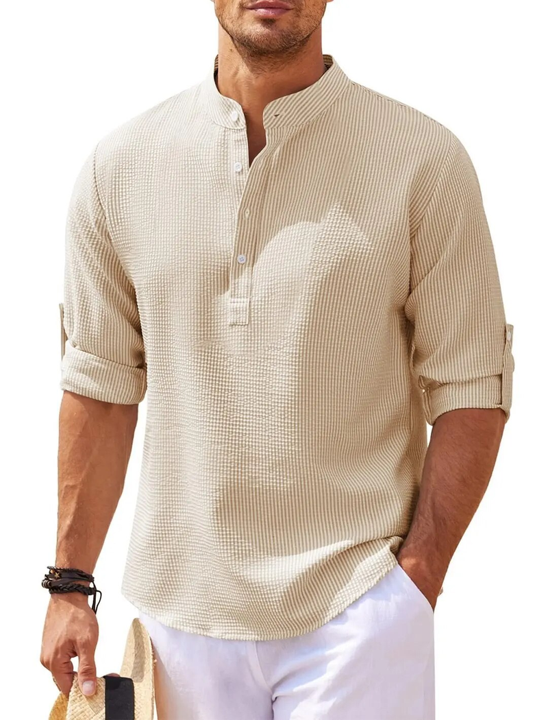 Cotton Linen Hot Sale Men's Long-Sleeved Shirts Spring Autumn Solid Color Stand-Up Collar Casual Beach Style Plus Size_voghion.com