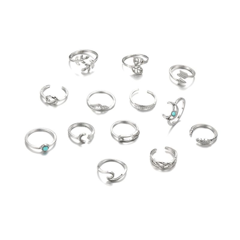 New Bohemian Leaf Moon Arrow Turquoise 13 Piece Set Ring_voghion.com