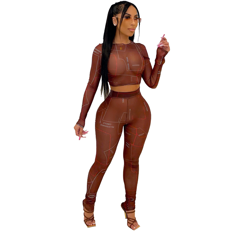 Costume deux pièces décontracté en maille imprimée lettre pour femme_voghion.com