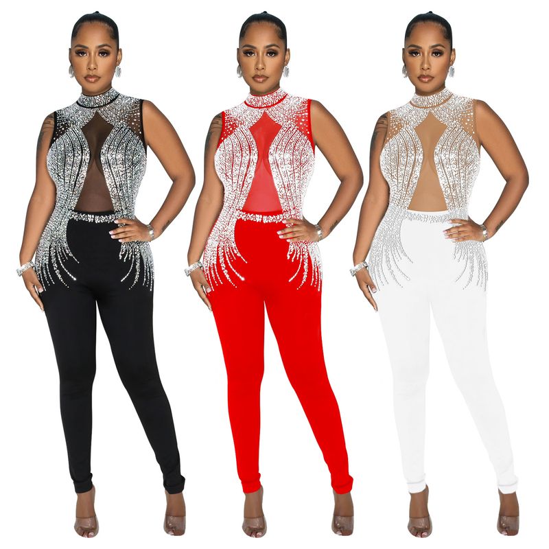 Vêtements pour femmes mode femmes couleur unie maille presse perceuse sans manches pantalon combinaison_voghion.com