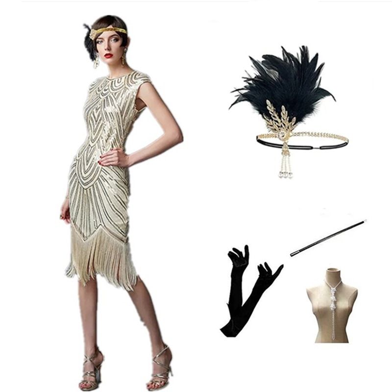 Conjunto de vestido de baile Gatsby con falda de flecos y lentejuelas de los años 20 para mujer_voghion.com