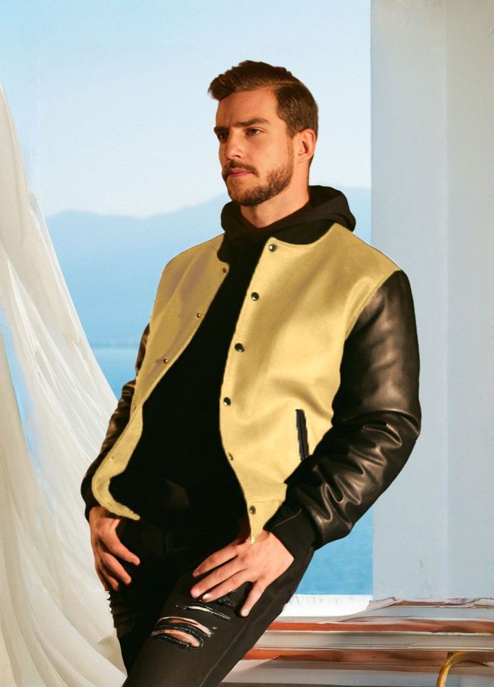 Chaqueta de béisbol con mangas de PU para hombre: abrigo ajustado de mezcla de lana con cuello con muescas y bolsillos laterales (azul marino, verde y amarillo, tallas S-XXL)_voghion.com