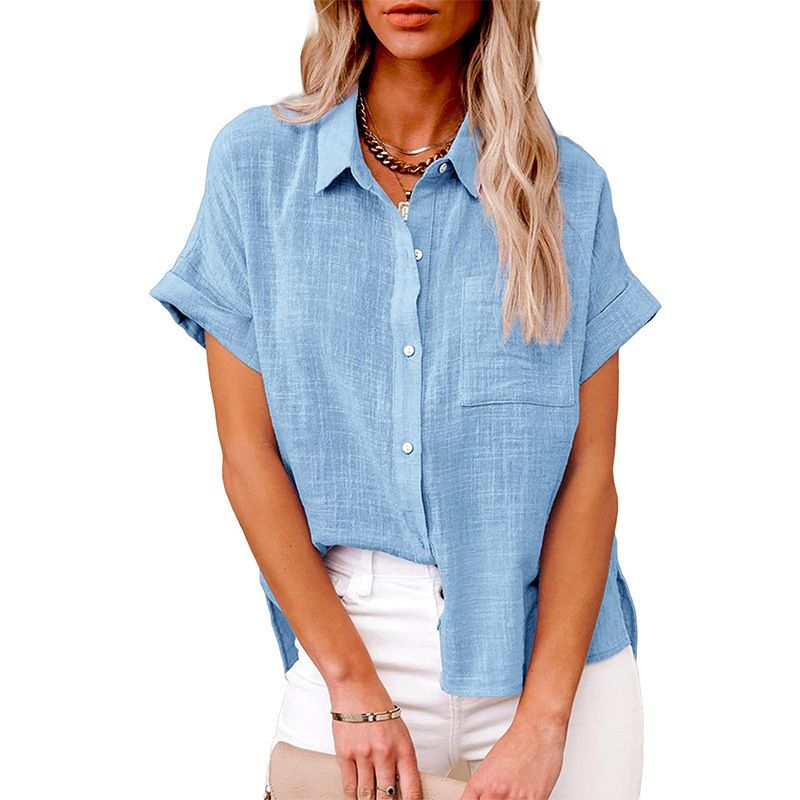 Abbigliamento da donna, nuova camicia casual a maniche corte, ampia, da donna, tinta unita, con bottoni in lino_voghion.com