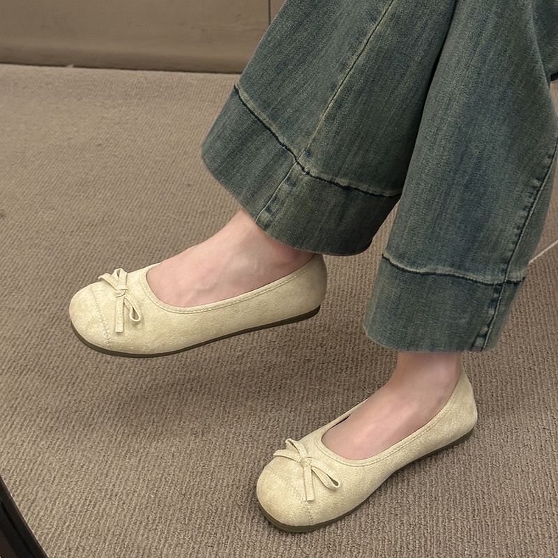 Retro Ballet Flat-soled Red Light-mouth Single Shoes Women's Suede Gentle Soft-soled Doudou Shoes One-pedal Ladyshoes_voghion.com