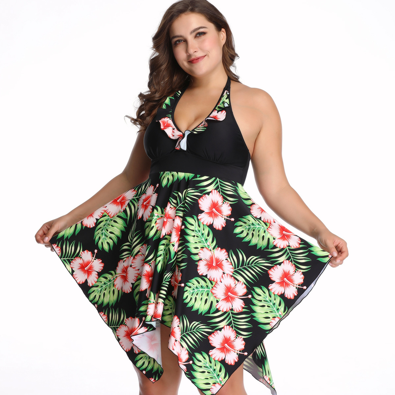 Women's Clothing Plus Size Plus Skirt Style Conservative Belly Covering Gathered Split Swimsuit_voghion.com