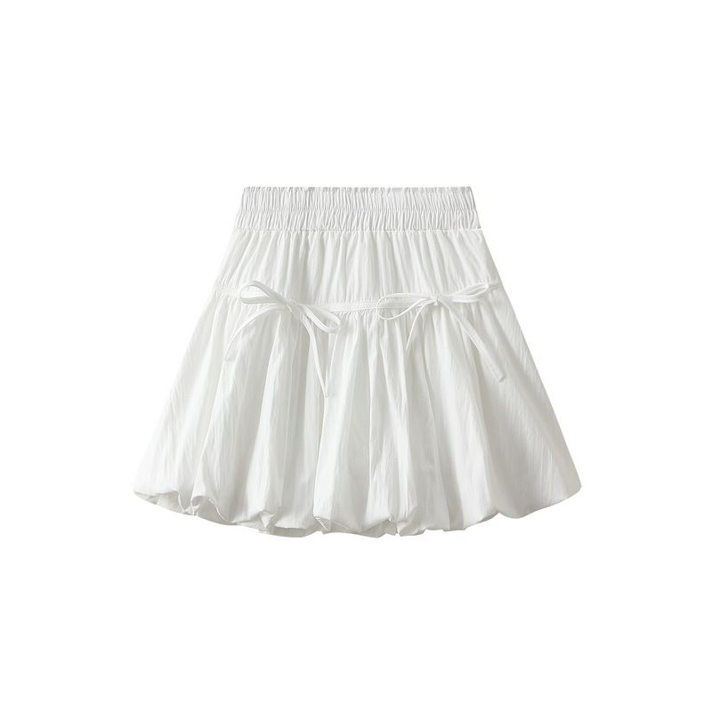 Gonna a mezza lunghezza da donna in primavera e in estate, modello a trapezio con vita alta e fiocco corto, gonna soffice, gonna a lanterna con boccioli di fiori per_voghion.com