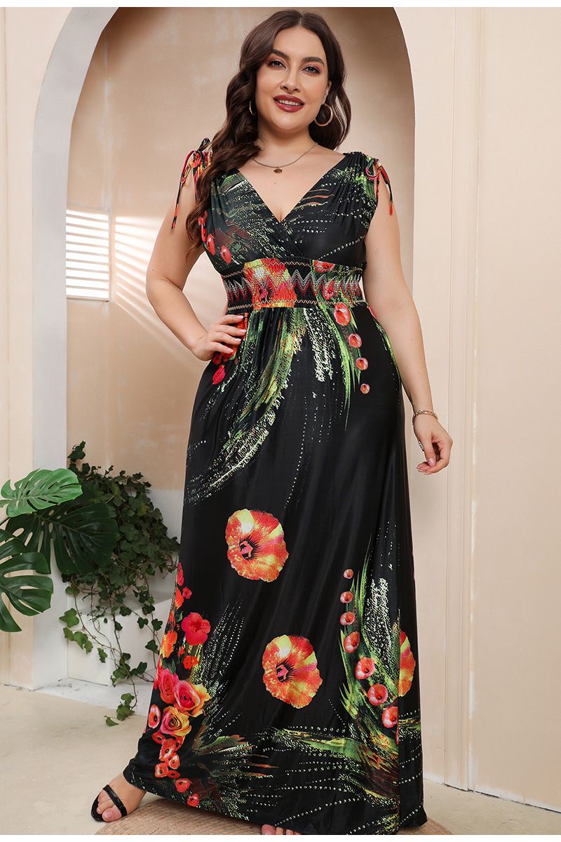 Vestido de seda de hielo con estampado de talla grande para mujer, vestido largo bohemio con escote en V y tallas grandes_voghion.com