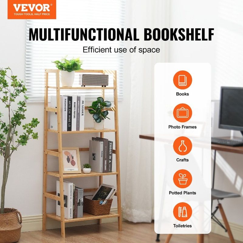 Libreria trapezoidale portaoggetti, scaffale a 4 ripiani, scala in bambù_voghion.com