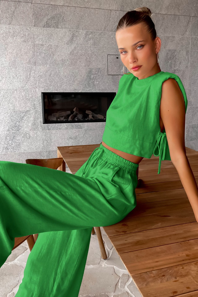 Moda feminina ombro almofada sem mangas blusa e calças de duas peças casual moda algodão linho terno_voghion.com