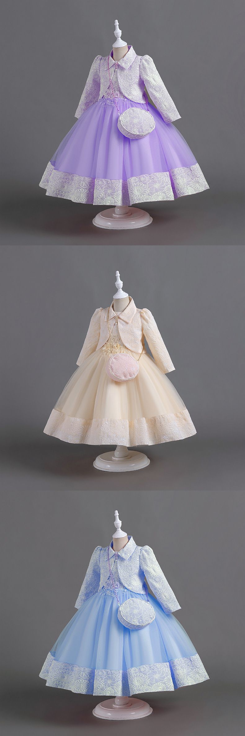 Vestido de niña con tutú de malla y falda de tres piezas, vestido de princesa de manga larga, ropa de actuación_voghion.com