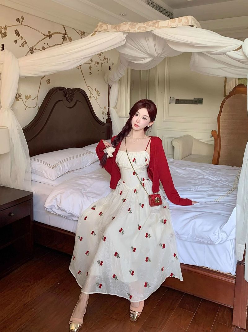 Taglie forti, abbigliamento da donna primaverile ed estivo con cinturino floreale francese per donne formose, snellente, bianco, base di nicchia lunga per pausa tè_voghion.com