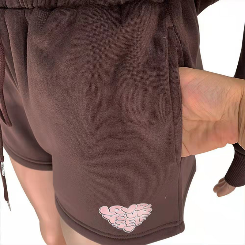 Women's fashion casual printed shorts two-piece set plus fleece long-sleeved hoodie set_voghion.com