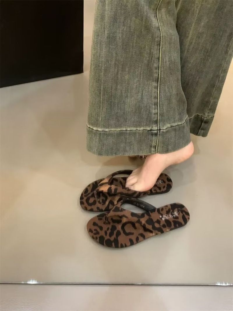 Pantofole alla moda a spina di pesce con fondo piatto, tinta unita, per l'estate, sandali con stampa leopardata, clip da spiaggia_voghion.com