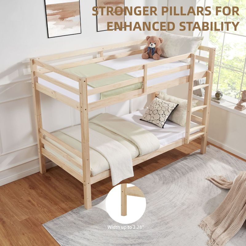 Twin Over Twin Bunk Bed With Thick Posts,Wooden Bunk Bed With High Guardrail And Ladder For Kids, Teens, Dorm Rooms, And Guest Rooms,No Box Spring Needed,Natural_voghion.com